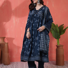 Navy Rayon Calf Length Printed 3/4 Sleeves V-Neck Semi-Flared Kurta Suit Set