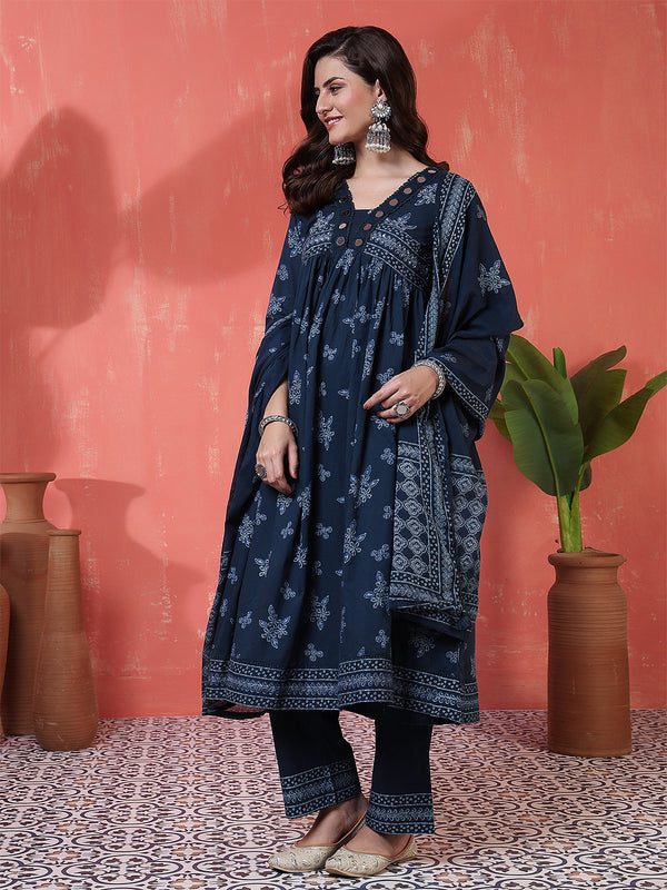 Navy Rayon Calf Length Printed 3/4 Sleeves V-Neck Semi-Flared Kurta Suit Set