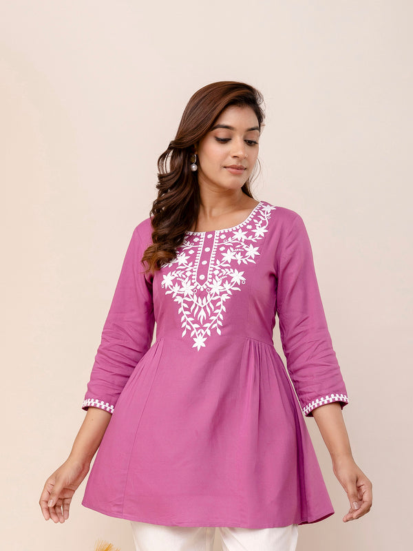 Lavender Rayon Hip Length Solid Round Neck Solid Embroidered Straight Top
