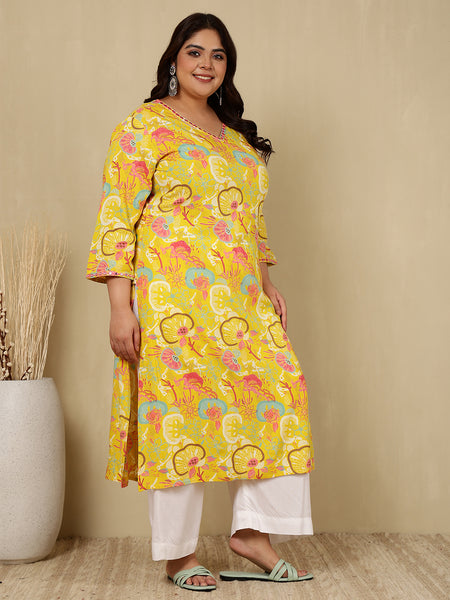 Rayon Calf Length Printed Straight 3/4 Sleeves V-Neck Kurta