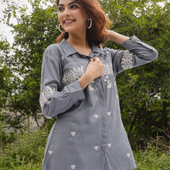 Gulmohar Jaipur Rayon Hip Length Solid 3/4 Sleeve Shirt Collar Straight Top