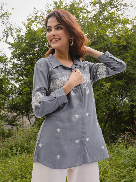 Gulmohar Jaipur Rayon Hip Length Solid 3/4 Sleeve Shirt Collar Straight Top