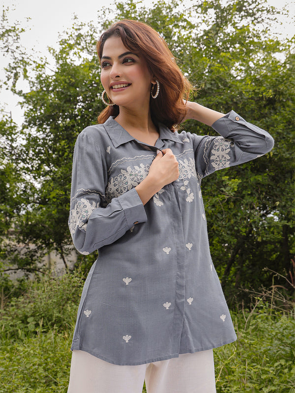 Gulmohar Jaipur Rayon Hip Length Solid 3/4 Sleeve Shirt Collar Straight Top