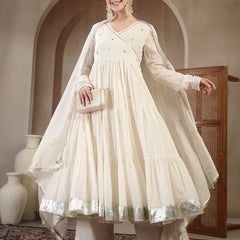 Gulmohar Jaipur Malmal Calf Length Solid Full Sleeves Anrakha Neck Anarkali Kurta Suit Set