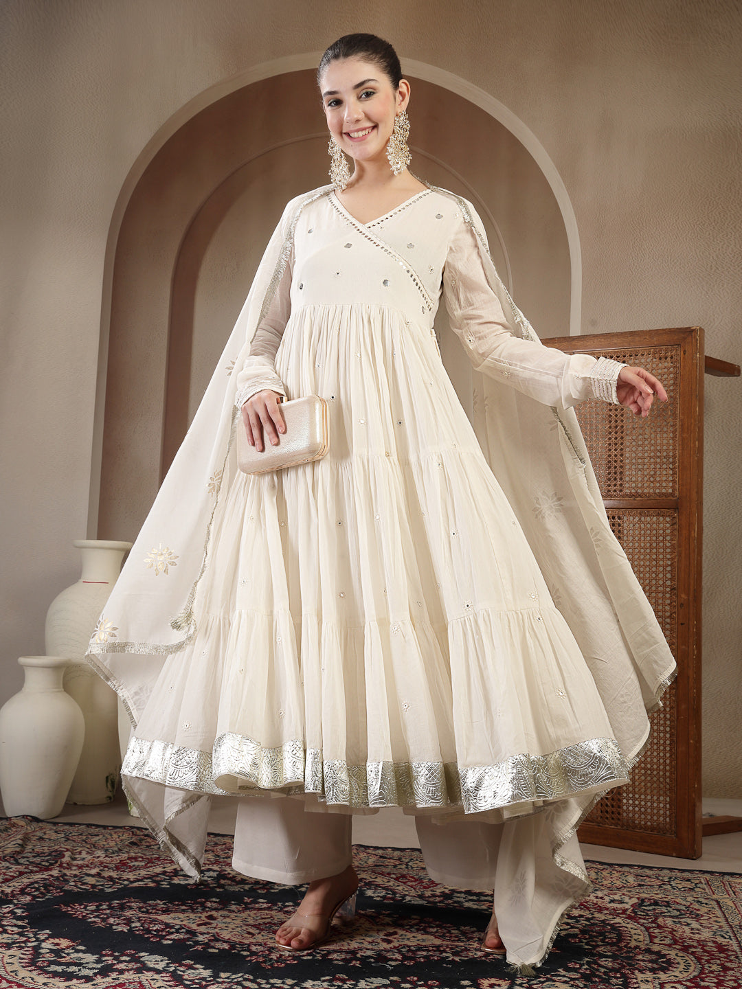 Gulmohar Jaipur Malmal Calf Length Solid Full Sleeves Anrakha Neck Anarkali Kurta Suit Set