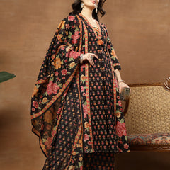 Cotton Calf Length Printed 3/4 Sleeves V-Neck Flared Kurta Suit Set