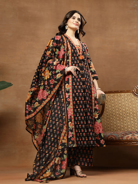 Cotton Calf Length Printed 3/4 Sleeves V-Neck Flared Kurta Suit Set