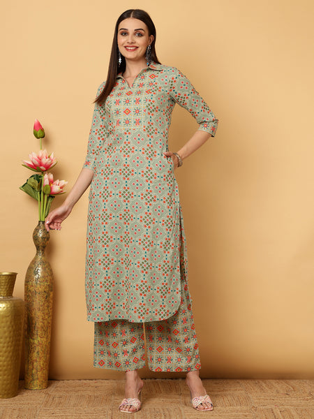 Rayon Calf Length Straight Shirt Coller Kurta Palazzo Set