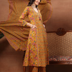 Cotton Calf Length Printed 3/4 Sleeves V-Neck Flared Kurta Suit Set