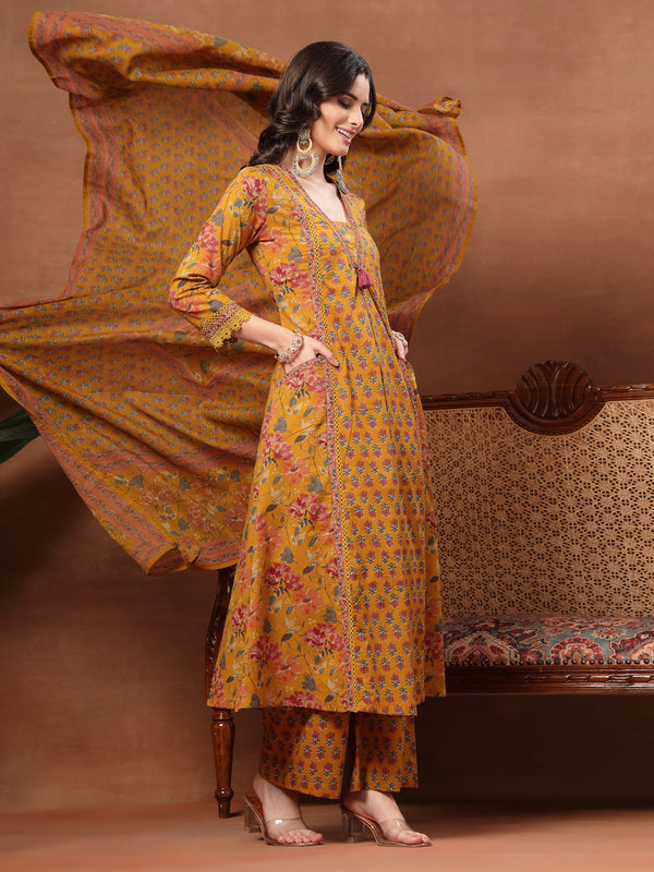 Cotton Calf Length Printed 3/4 Sleeves V-Neck Flared Kurta Suit Set