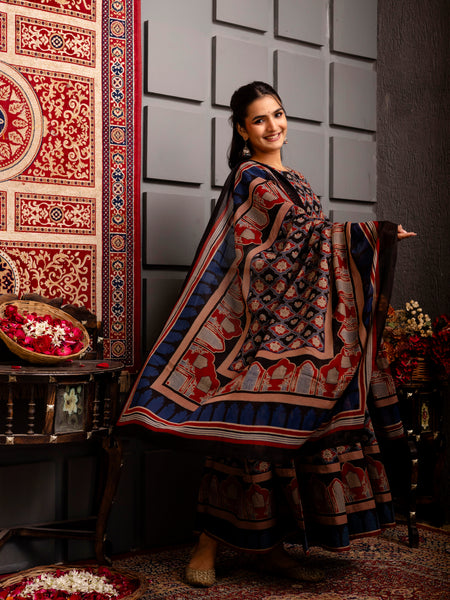 Navy Blue Cotton Calf Length Printed Anarkali Round Neck Kurta Suit Set