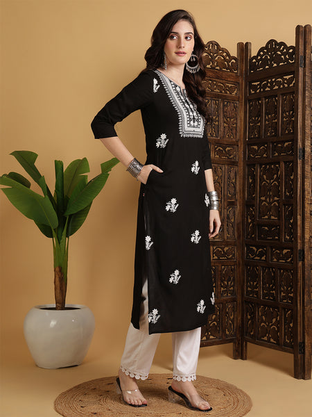 Maroon Cotton Calf Length Printed Straight Round Neck Kurta Black Rayon Embroidered Calf Length Solid Straight Round Neck Kurta