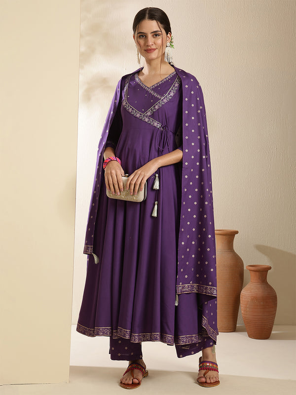 Maroon Rayon Solid 3/4 Sleeves V-Neck Anarkali Kurta Suit Set