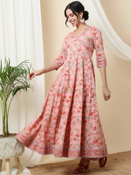 Cotton Ankle Length Printed Flared 3/4 Sleeves V-Neck Kurta