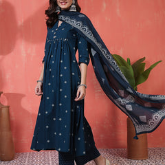 Rayon Calf Length Printed 3/4 Sleeves Round Neck Semi-Flared Kurta Suit Set