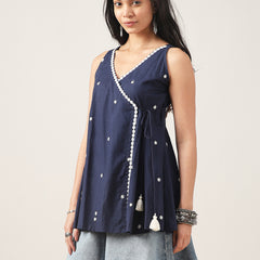 Cotton Hip Length Solid Sleeveless V-Neck Flared Top