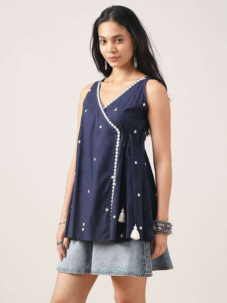 Cotton Hip Length Solid Sleeveless V-Neck Flared Top