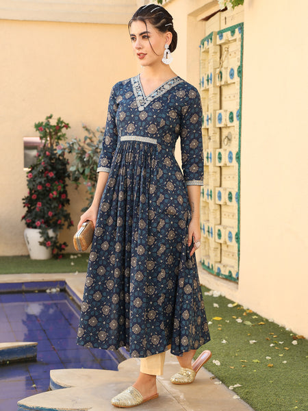 Navy Cotton Calf Length Printed Semi-Flared V-Neck Kurta