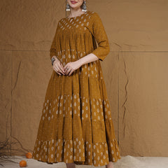 Cotton Calf Length Printed 3/4 Sleeves Key Hole Neck Flared Kurta