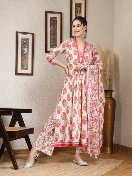 Pink Cotton Calf Length Printed V-Neck Anarkali Kurta Suit Set