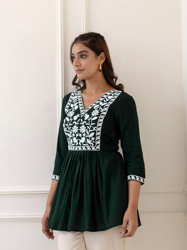 Bottle Green Rayon Hip Length Solid V-Neck Solid Embroidered Semi-Flared Top