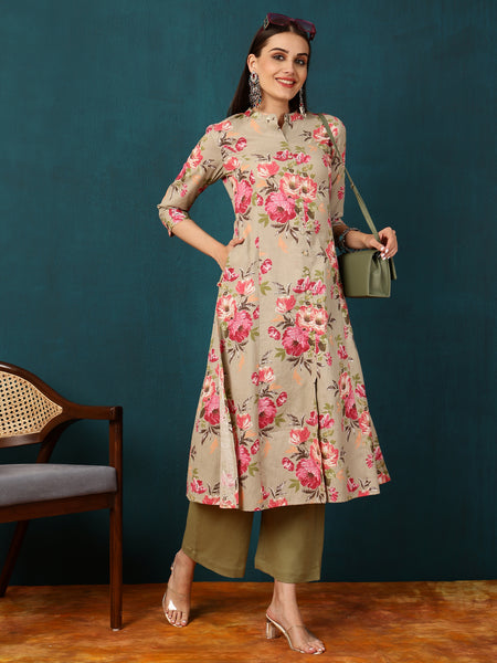 Cotton Flex  Calf length Length Floral  Straight 3/4 Sleeves V  Kurta
