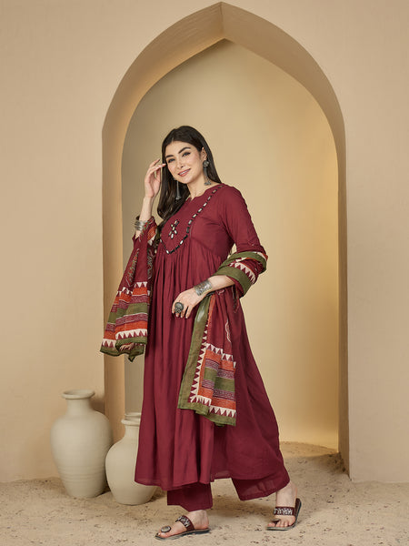 Gulmohar Jaipur Cotton Calf Length Solid 3/4 Sleeves Round Neck Flared Kurta Suit Set