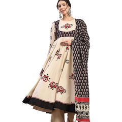 Cotton Calf Length Printed Full Sleeve Round Neck Flared Kurta