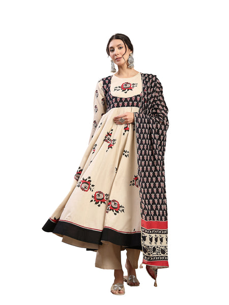 Cotton Calf Length Printed Full Sleeve Round Neck Flared Kurta