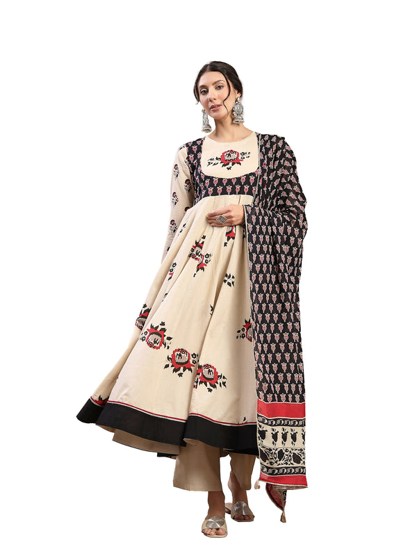 Cotton Calf Length Printed Full Sleeve Round Neck Flared Kurta