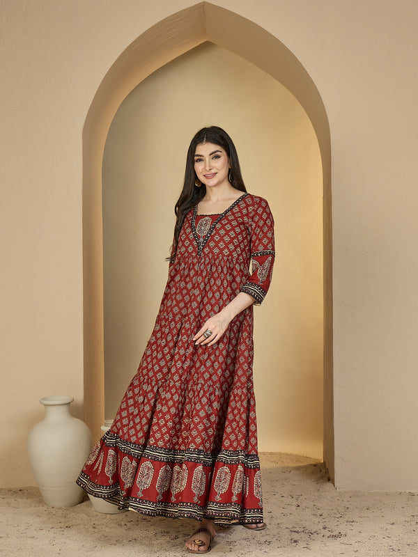 Gulmohar Jaipur Cotton Ankle Length Printed 3/4 Sleeves V-Neck Anarkali Kurta