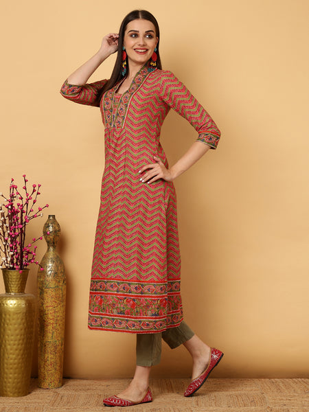 Green Cotton Calf Length A-Line V-Neck Kurta