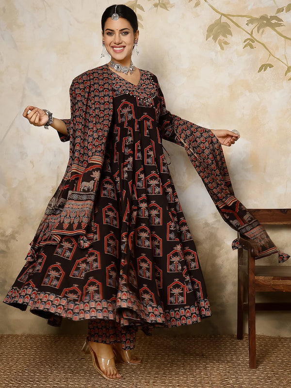 Cotton Calf Length Printed V-Neck Anarkali Kurta Suit Set