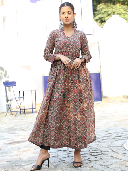 Brown Cotton Calf Length Printed Flared V-Neck Kurta