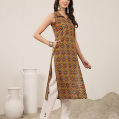 Rayon Calf Length Printed Sleeveless Shirt Collar Straight Kurta