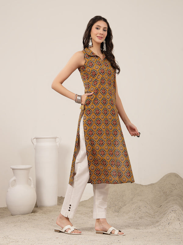 Rayon Calf Length Printed Sleeveless Shirt Collar Straight Kurta