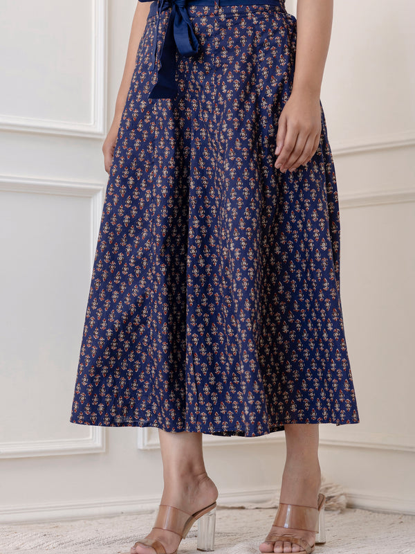 Blue Cotton Calf Length Printed Flared Palazzo