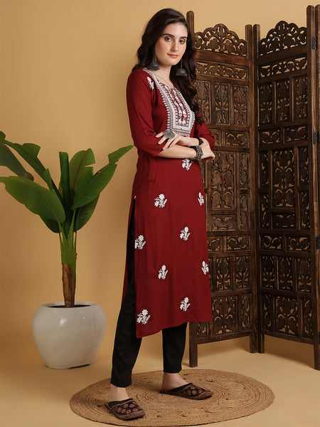 Maroon Rayon Embroidered Calf Length Solid Straight Round Neck Kurta