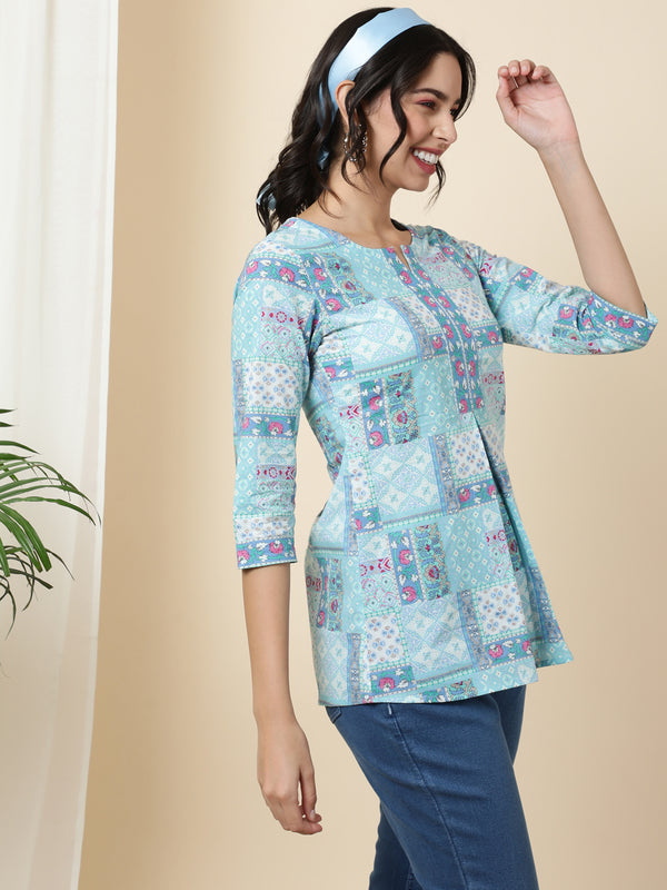 Cotton Short Length Length Printed Regular 3/4 Sleeves Round Top