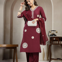 Cotton Calf Length Solid 3/4 Sleeve V-Neck Straight Kurta Suit Set