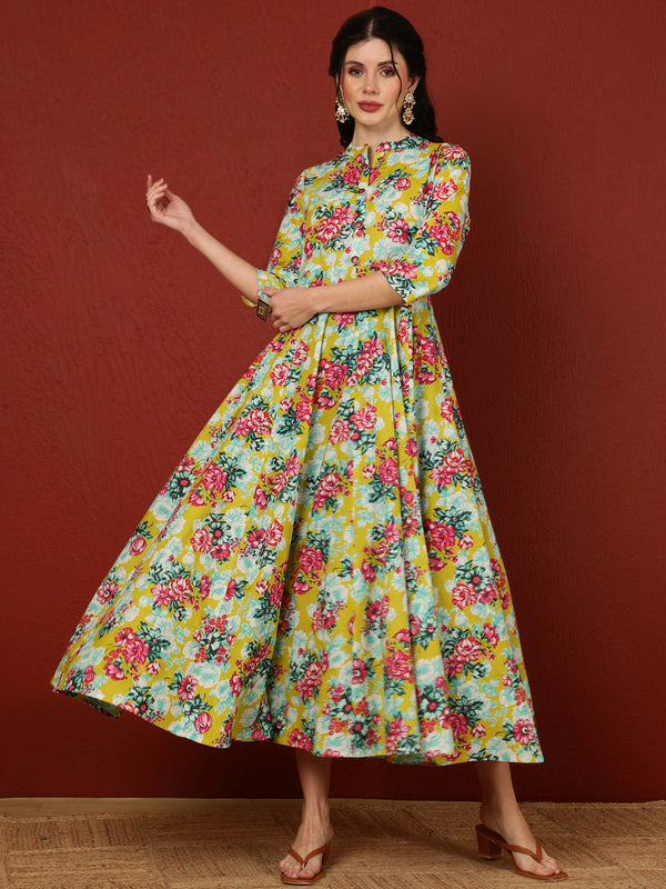 Cotton Calf Length Printed Flared 3/4 Sleeves Mandarin Kurta