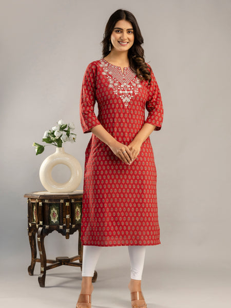 Maroon Cotton Calf Length Printed Straight Round Neck Kurta