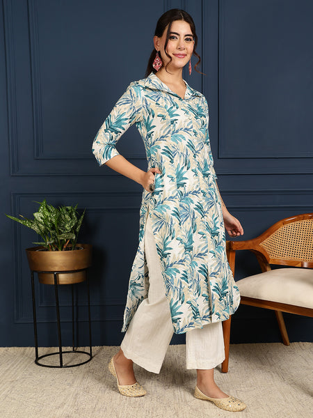 Green Cotton Flex Calf Length Printed Shirt Coller Straight Kurta