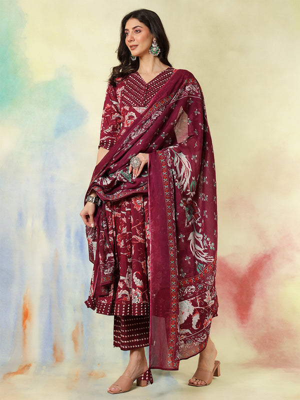 Maroon Pure Cotton Printed Hand-Work Anarkali Kurta Suit Set