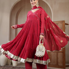 Gulmohar Jaipur Malmal Calf Length Solid Full Sleeves Anrakha Neck Anarkali Kurta Suit Set