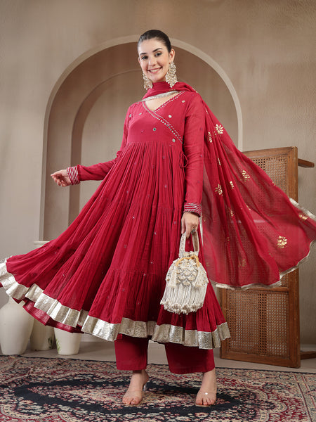 Gulmohar Jaipur Malmal Calf Length Solid Full Sleeves Anrakha Neck Anarkali Kurta Suit Set