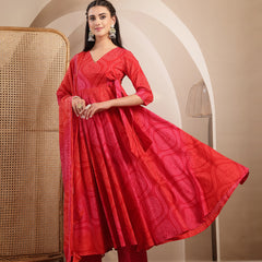 Gulmohar Jaipur Cotton Calf Length Printed 3/4 Sleeves V-Neck Flared Kurta Suit Set