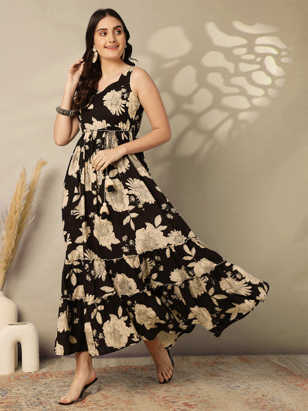 Cotton Calf Length Printed Flared Sleeveless Sweetheart Neck Dress