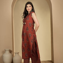 Gulmohar Jaipur Cotton Calf Length Printed Sleeveless Collard Straight Kurta Suit Set