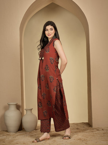 Gulmohar Jaipur Cotton Calf Length Printed Sleeveless Collard Straight Kurta Suit Set